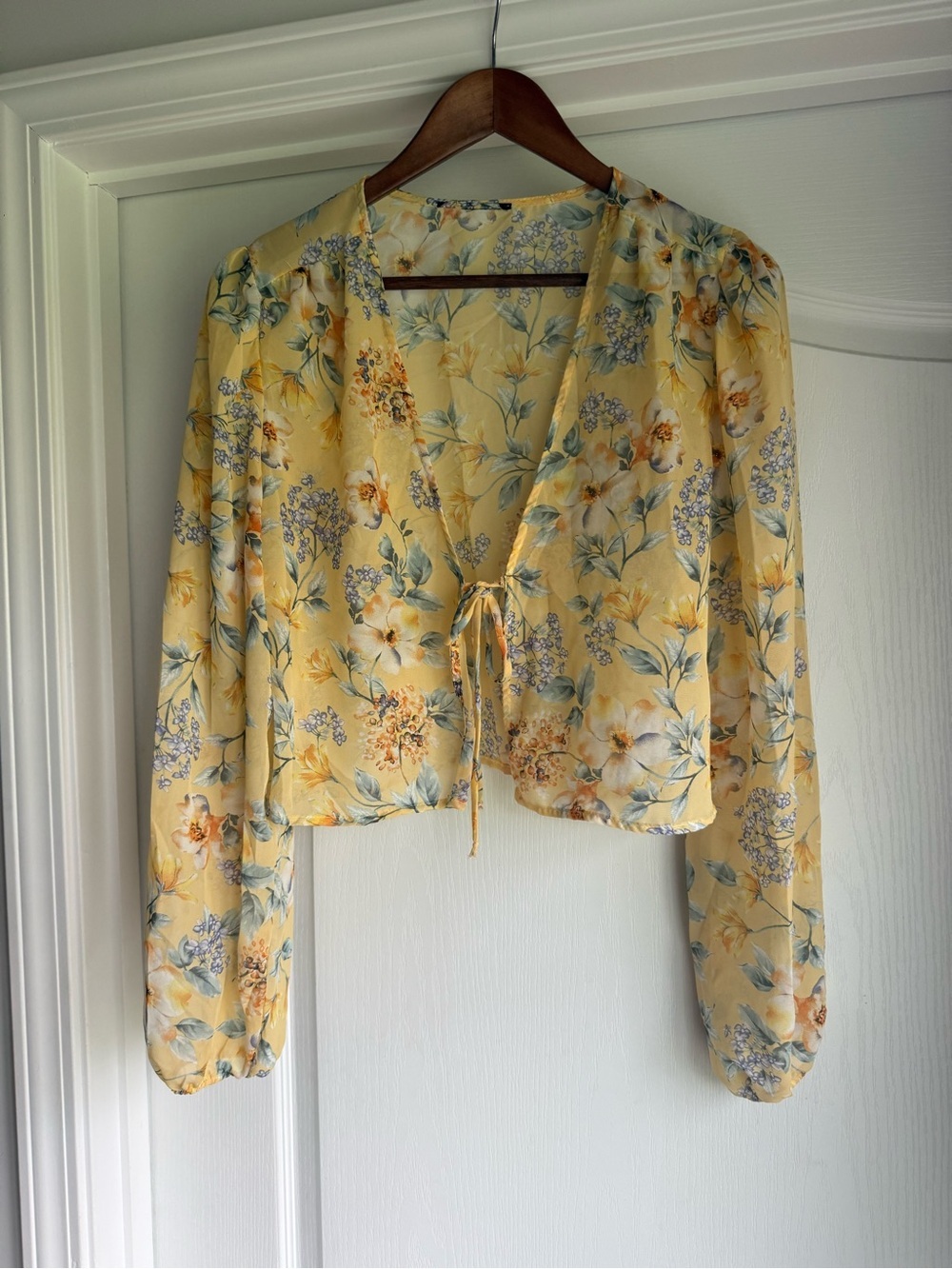 Just Polly sheer Yellow Floral Tie-Front Women's Top